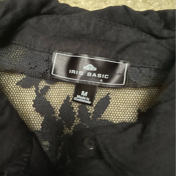 Iris Basic Mesh See-Through Lace Button Down Cold Shoulder Long Sleeve Shirt - Picture 3 of 4